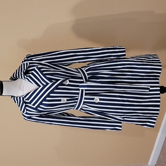 Express Navy Striped Overcoat - Picture 1 of 7